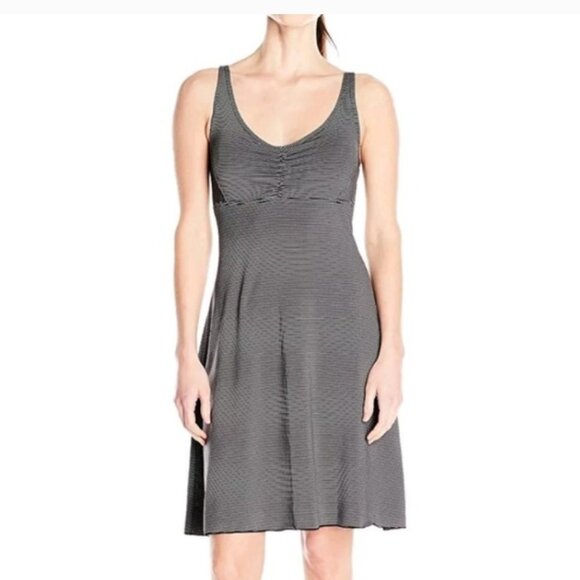 prAna Rebecca Strappy-Back Shelf Bra Athletic Dress in Black white Pinstripe - Picture 1 of 14